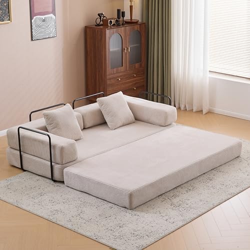 Convertible Sleeper Sofa Bed with Cylindrical Pillow, Corduroy Folding Mattress Couch with Fixed-Shape Frame