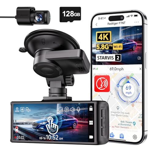 REDTIGER 4K Dash Cam Front and Rear, STARVIS 2 Sensor, Touch Screen 3.18", 128GB Card Included, Voice Control, 5.8GHz WiFi Car Dash Camera, GPS