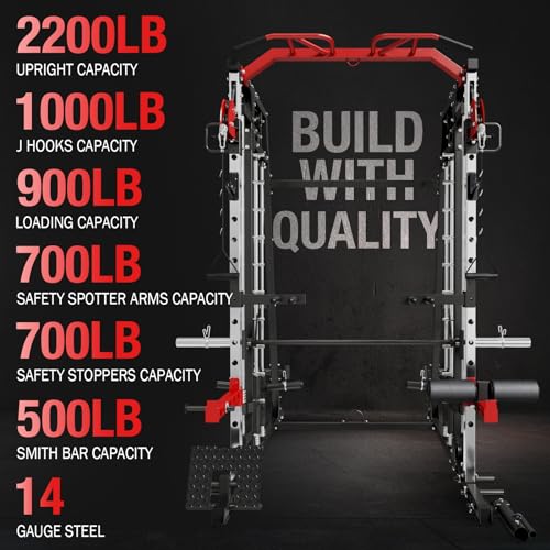Mikolo Smith Machine Home Gym, 2200lbs Squat Rack with LAT-Pull Down System & Cable Crossover Machine, Training Equipment with Adjustable Weight Bench