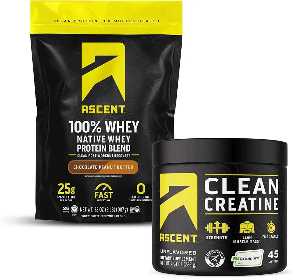 Ascent 100% Whey Protein Powder, Chocolate Peanut Butter 2 lb & Creatine Monohydrate Powder, Unflavored 45 Servings - Kansas Nuitrition - HNZSDS