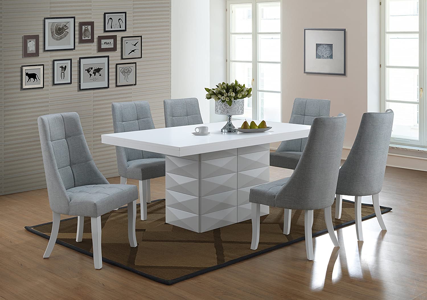 【Furniture】Milan 7 Piece White Modern Rectangle Dinette Dining Room Table & 6 Beige Vinyl Chairs