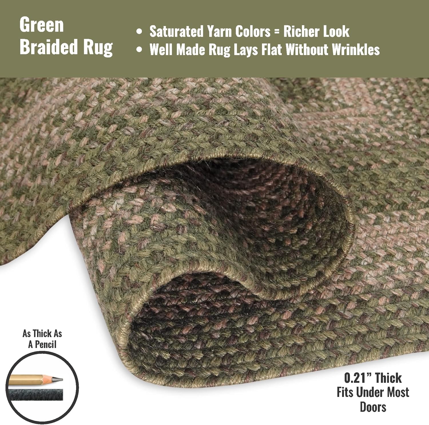 Homespice Grassland Jute Green 4x6' Braided Rugs Oval Rugs for Living Room, Bedroom Rug and Dining Room. Pet Friendly. Decor Styles- Farmhouse Rug