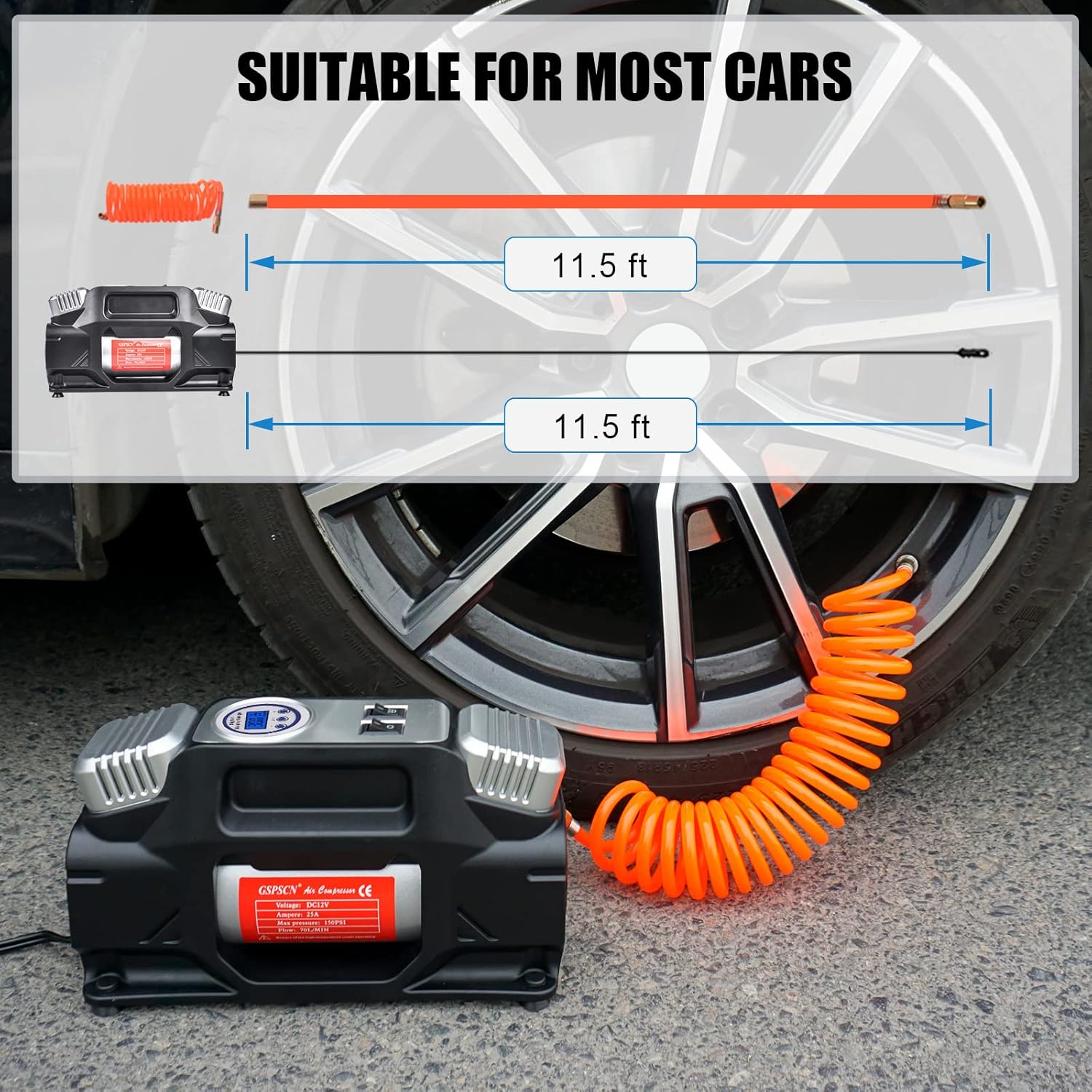 GSPSCN Portable Digital Tire Inflator,Heavy Duty Dual Cylinders 12V Auto Air Compressor Pump 150PSI with Warning Triangle