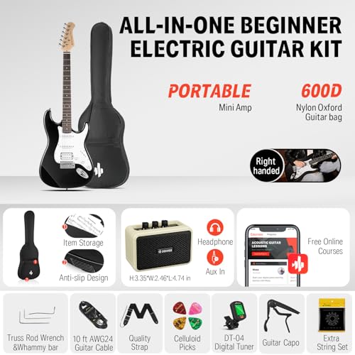 Donner DST-100B 39 Inch Electric Guitar Beginner Kit Solid Body Full Size Black HSS for Starter, with Amplifier, Bag, Digital Tuner, Capo, Strap