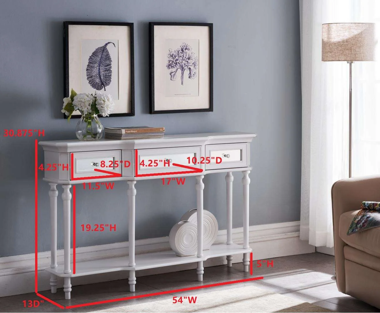 Kings Brand Furniture Modern Console Table with Mirrored Storage Drawers and Lower Shelf, White