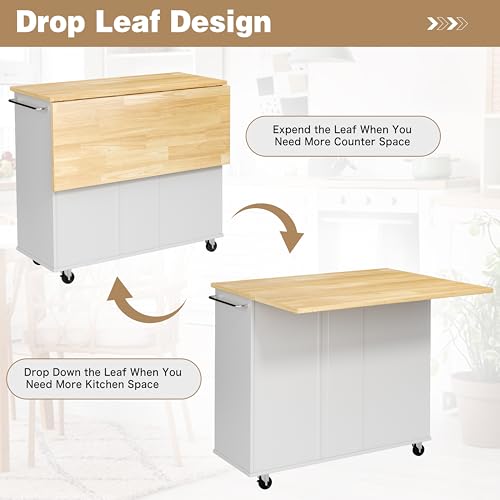 Shintenchi Rolling Kitchen Island Cart with Folding Drop Leaf Breakfast Bar, Portable Trolley Island with Large Storage Cabinet, Shelf and Drawer