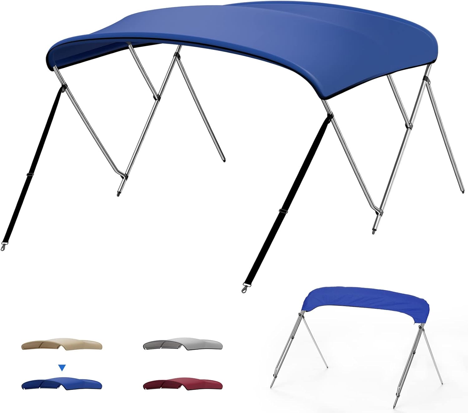 kemimoto Bimini Top for Boat, 3 Bow Bimini Top for Pontoon Jon Boat with 1 Inch Stainless Aluminum Frame, Boat Bimini Top with Rear Support Pole