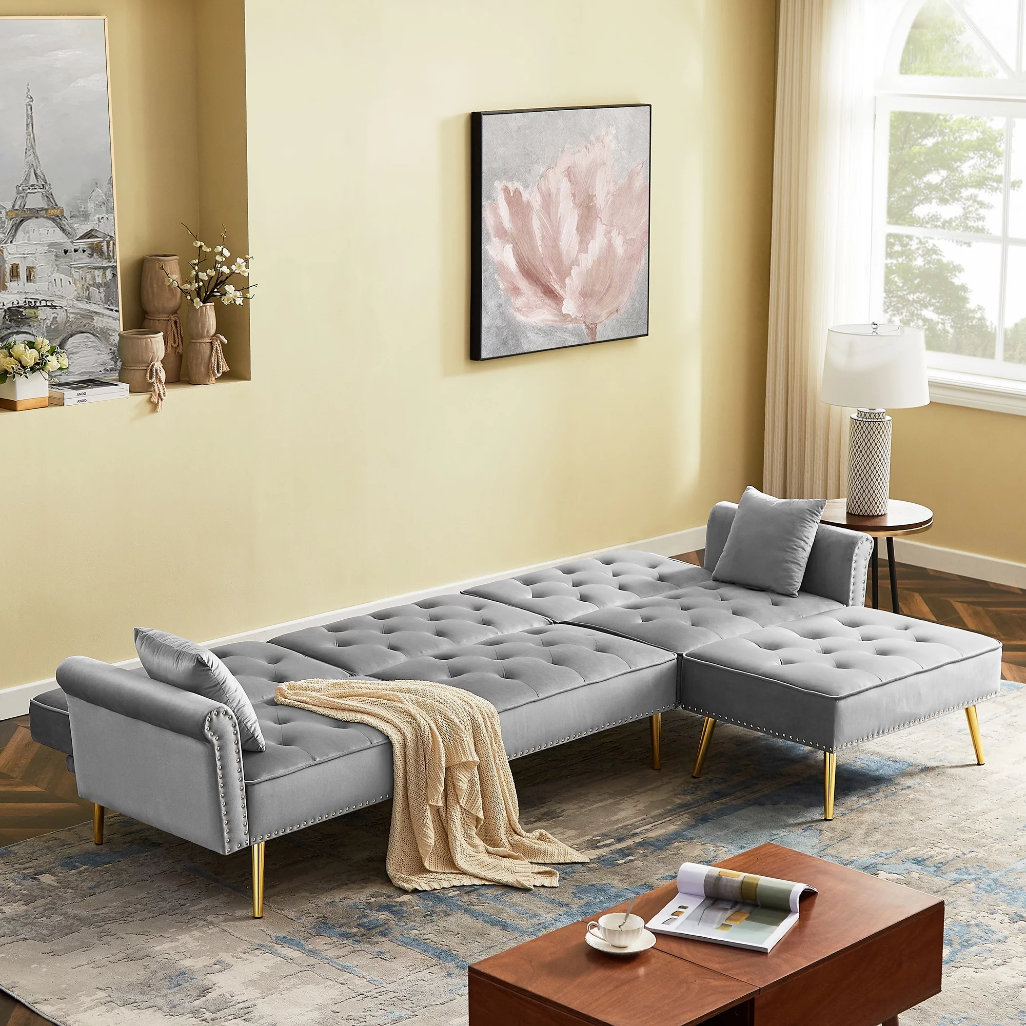 Dcenta Modern Upholstered Reversible Sectional Sofa Bed , L-Shaped Couch with Movable Ottoman and Nailhead Trim For Living Room. (Light Grey)