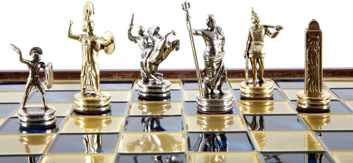 Manopoulos Greek Mythology Chess Set - Brass&Nickel - Wooden case Blue Board
