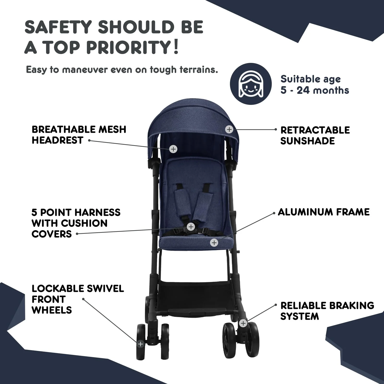 HARPPA Lightweight Travel Stroller, Compact Umbrella Stroller for Babies, Easy Folding, Black