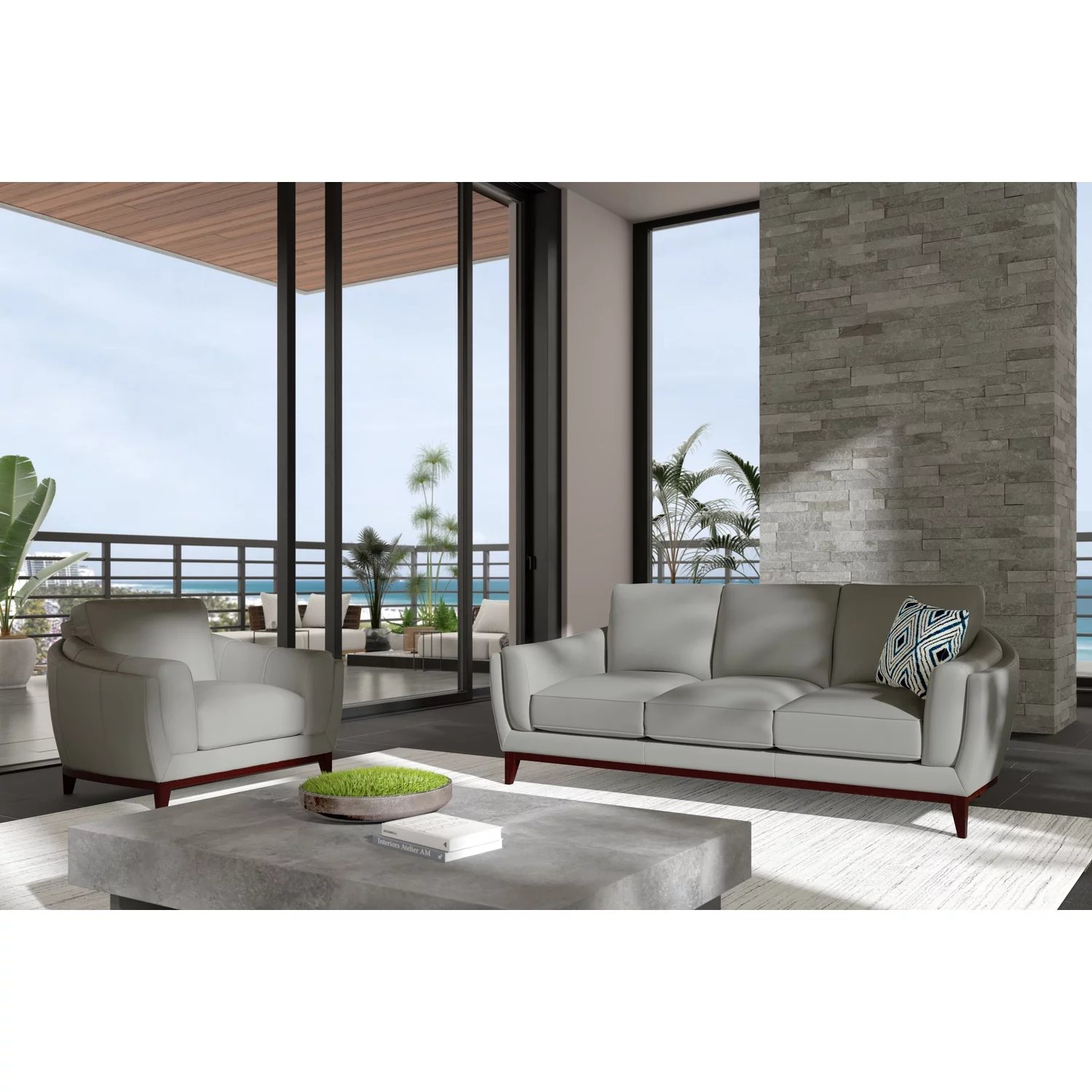 Hello Sofa Home Rio Modern Wood and Top Grain Leather Sofa in White