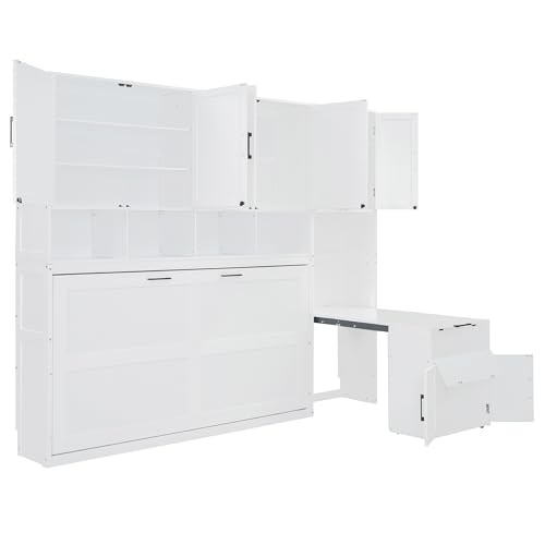 Harper & Bright Designs Twin Size Murphy Bed, Wooden Twin Wall Bed Frame with Closet, Drawers & Desk, White