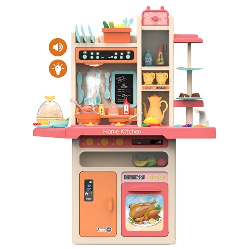 Kids' Play Kitchen Set, 27.95 x 11.22 x 36.81 Inch, 65-Piece Toy Kitchen Playset with Functional Faucet, Realistic Steam Effects, Lights and Sounds