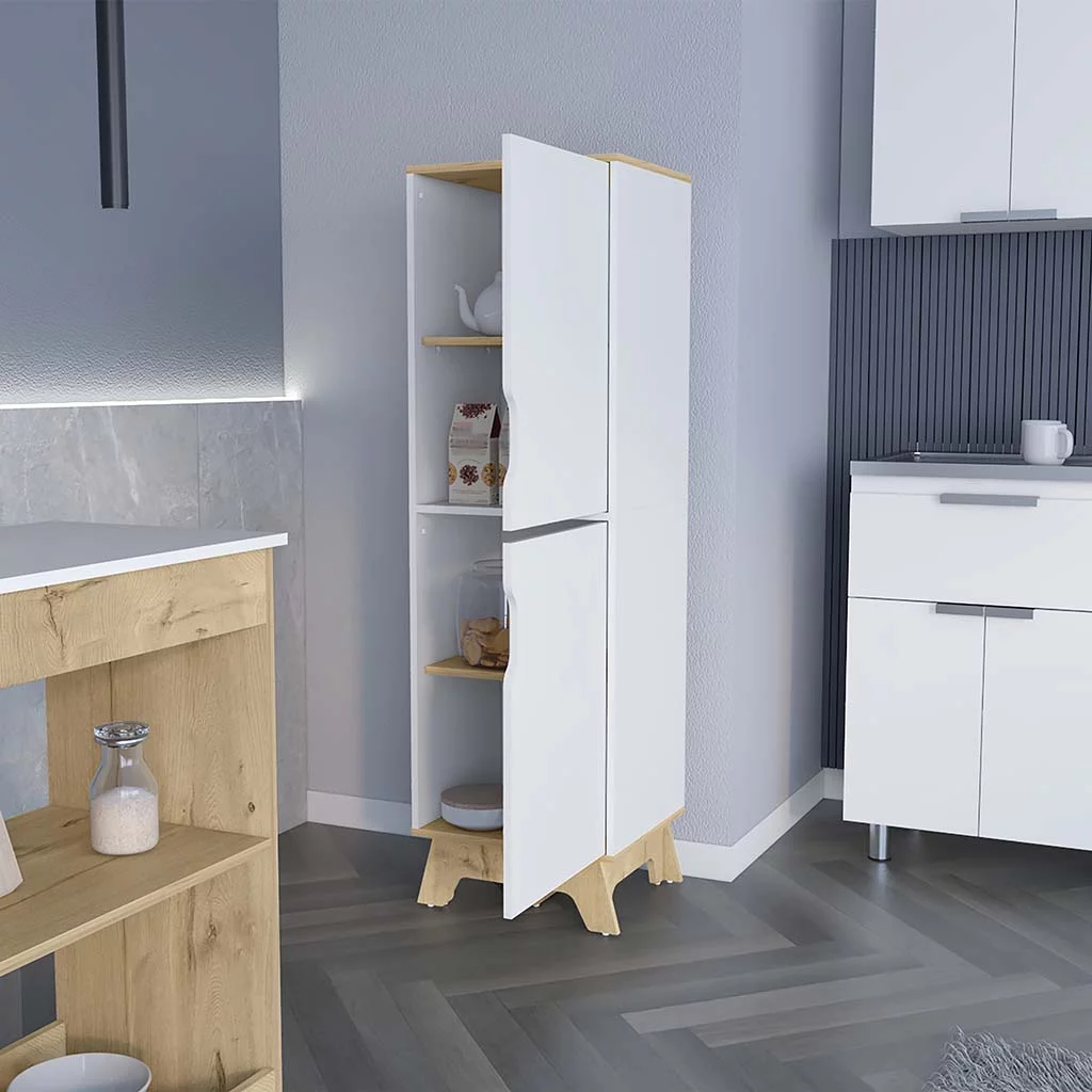 CoSoTower Single Kitchen Pantry Wallas, Four Shelves, Two Doors, Light Oak / White Finish