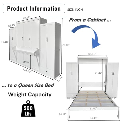 Queen Size Murphy Bed with Desk & Charging Station,Wall Bed Frame Folding into Cabinet Design w/LED & Storage Shelf for Small Space,Bedroom