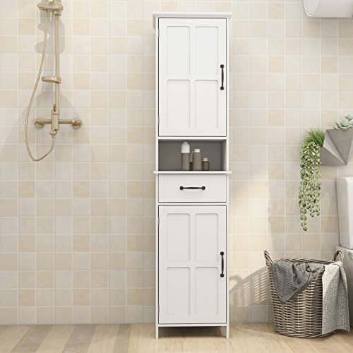 Double Door Narrow Height Slim Floor Standing Cabinet,Tall Bathroom Storage Cabinet with Open Shelves and one Drawer, Freestanding Cabinet