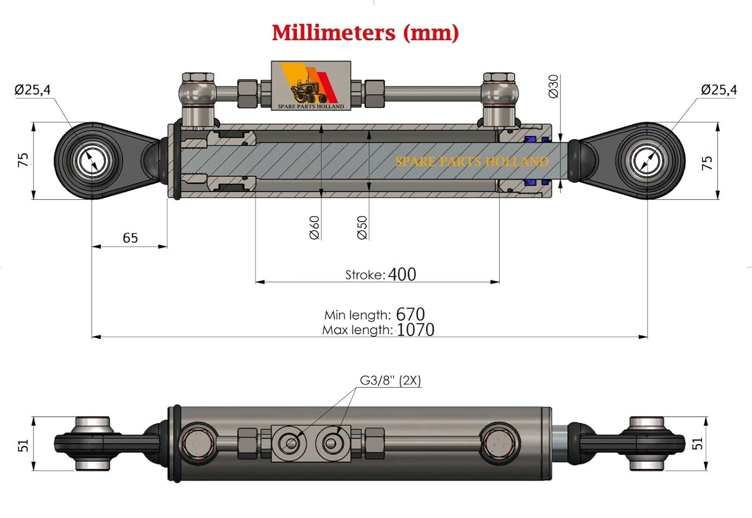 Hydraulic Top Link Cat. 2-2 with Locking Block 26 3/8&rdquo; - 42 1/8&rdquo; with 2 x Hoses