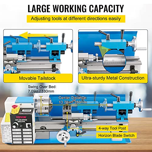 VEVOR Mini Metal Lathe, 7"x14", 550W Variable Speed 2250 RPM Metal Lathe