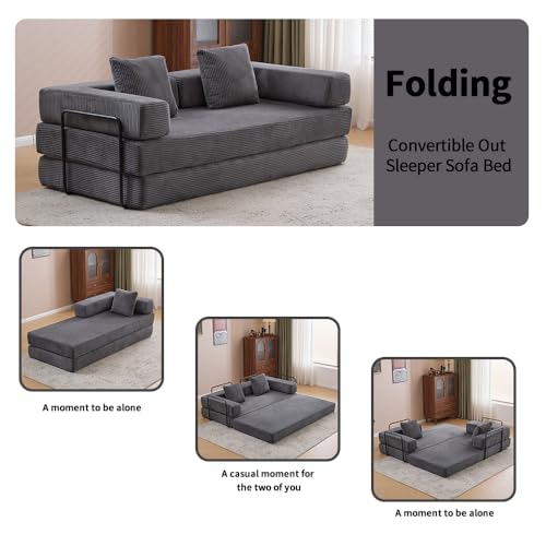 Convertible Sleeper Sofa Bed with Cylindrical Pillow, Corduroy Folding Mattress Couch with Fixed-Shape Frame