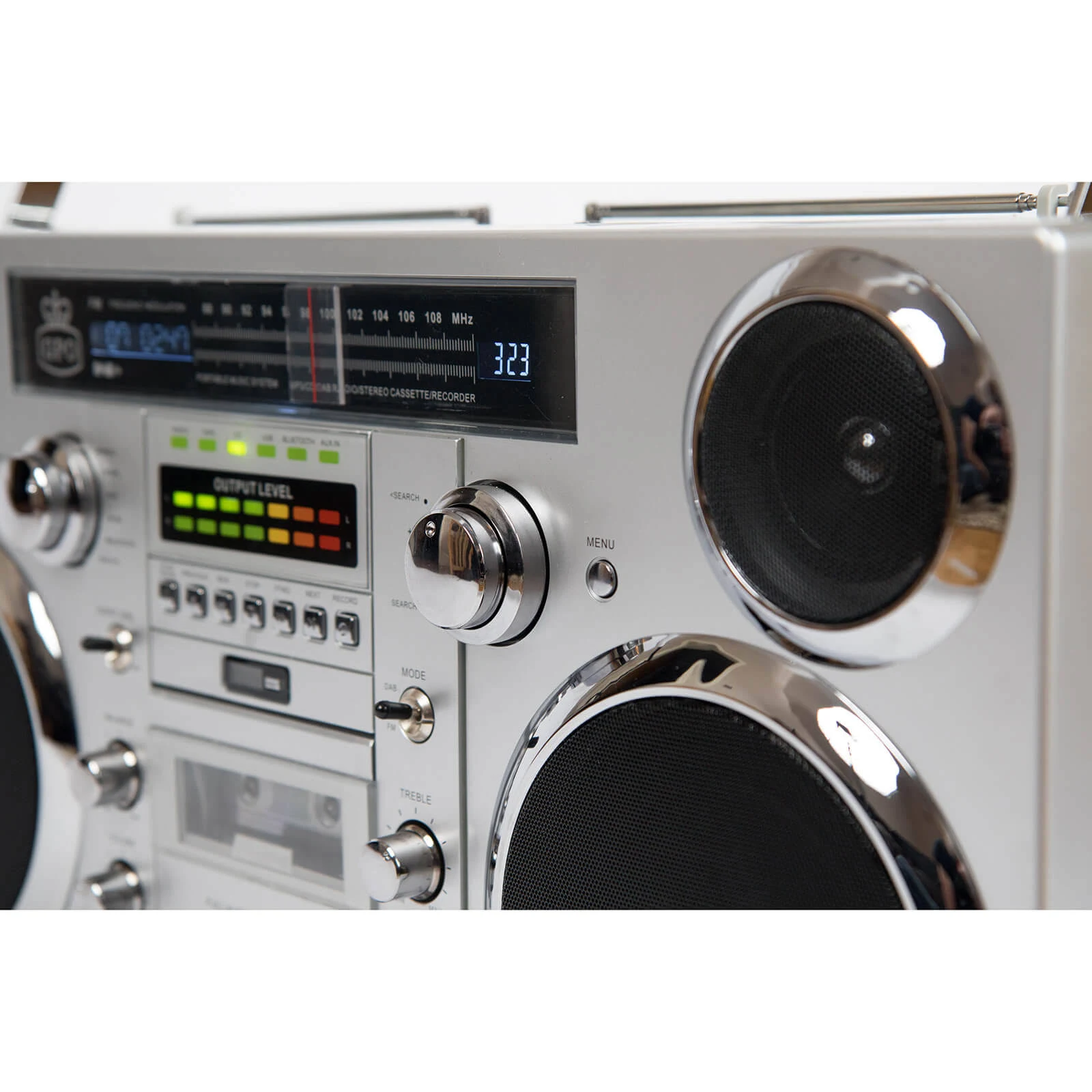 GPO Brooklyn Bluetooth Boombox 80W CD Cassette FM USB Recording Silver