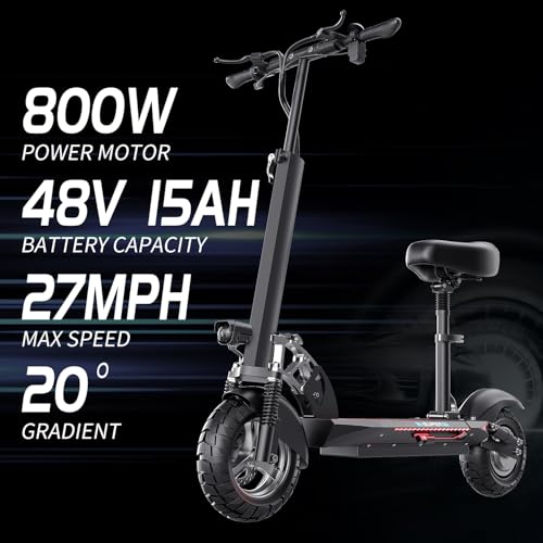 Electric Scooter with Seat for Adults, 800W E Scooter, 27 MPH & 35 Miles Range, 10" Tires, 48V 13AH Battery, Folding Design & Removable Seat