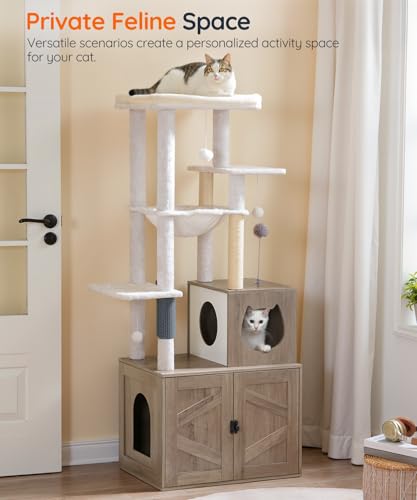 HOOBRO Cat Tree with Litter Box Enclosure, Tall Cat Tower for Indoor Cats, All-in-One Modern Cat Condo, Hidden Litter Box Enclosure Furniture