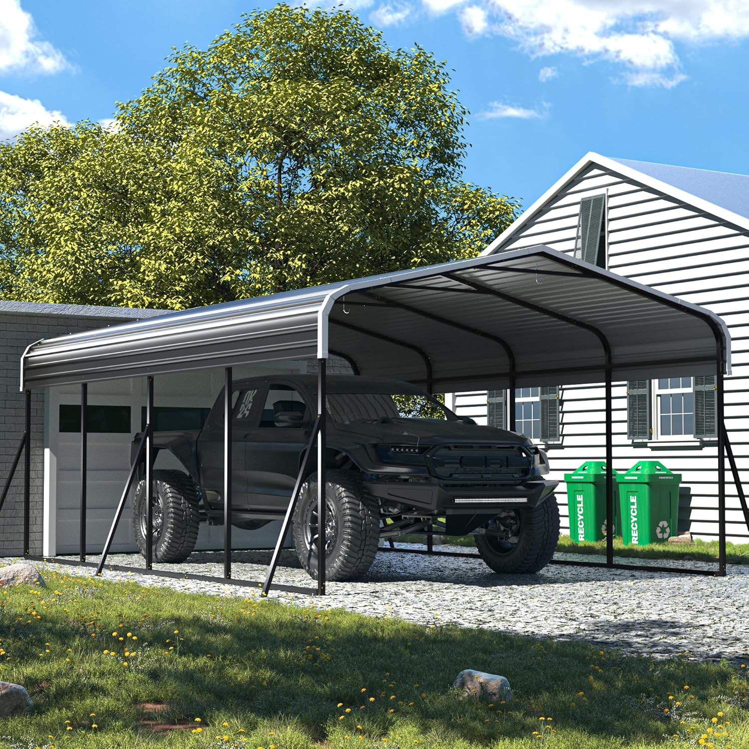 Carport 12x20 FT Heavy Duty Carport Canopy with Updated Frame Structure Galvanized Steel Roof and Enhanced Base, Metal Carport Garage for Pickup