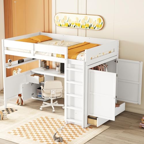 Harper & Bright Designs Twin Size Loft Bed with L-Shaped Desk and Stairs, Solid Wood Loft Bed Frame with Storage Drawers and Bookcase