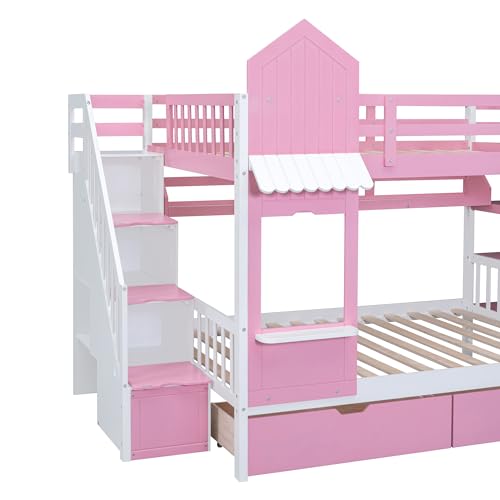 Kids Bunk Bed with Stairs and Slide, Wood Twin Over Twin Bunk Bed with Storage Drawers and Shelves, Castle Style Bunk Beds for Kids Teens Girls Boys