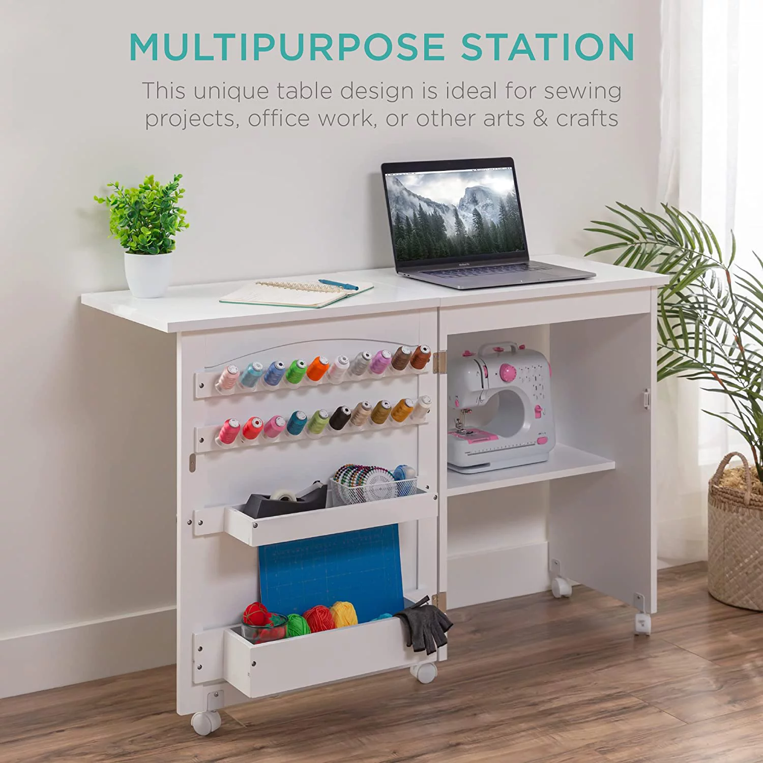 Folding Sewing Table Multipurpose Craft Station & Side Desk with Compact Design, Wheels, Shelves, Bins, Pegs, Magnetic Doors, Metal Doorknobs
