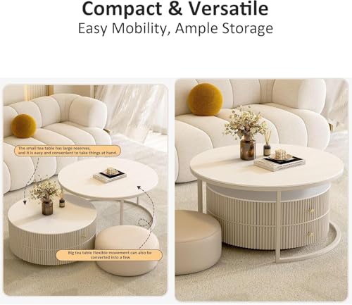 28IN Modern Coffee Tables - Wave Panel & Metal Frame | Nesting Round Coffee Table Set of 2, Dining Table for Home Living Room, Office (Glass)