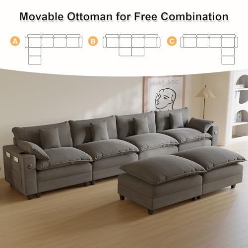 Modular Sectional Sofa, Cloud Couch with Ottoman, Charging Station, Throw Pillows, Cup Holders, Modern Convertible U Shaped Couches for Living Room