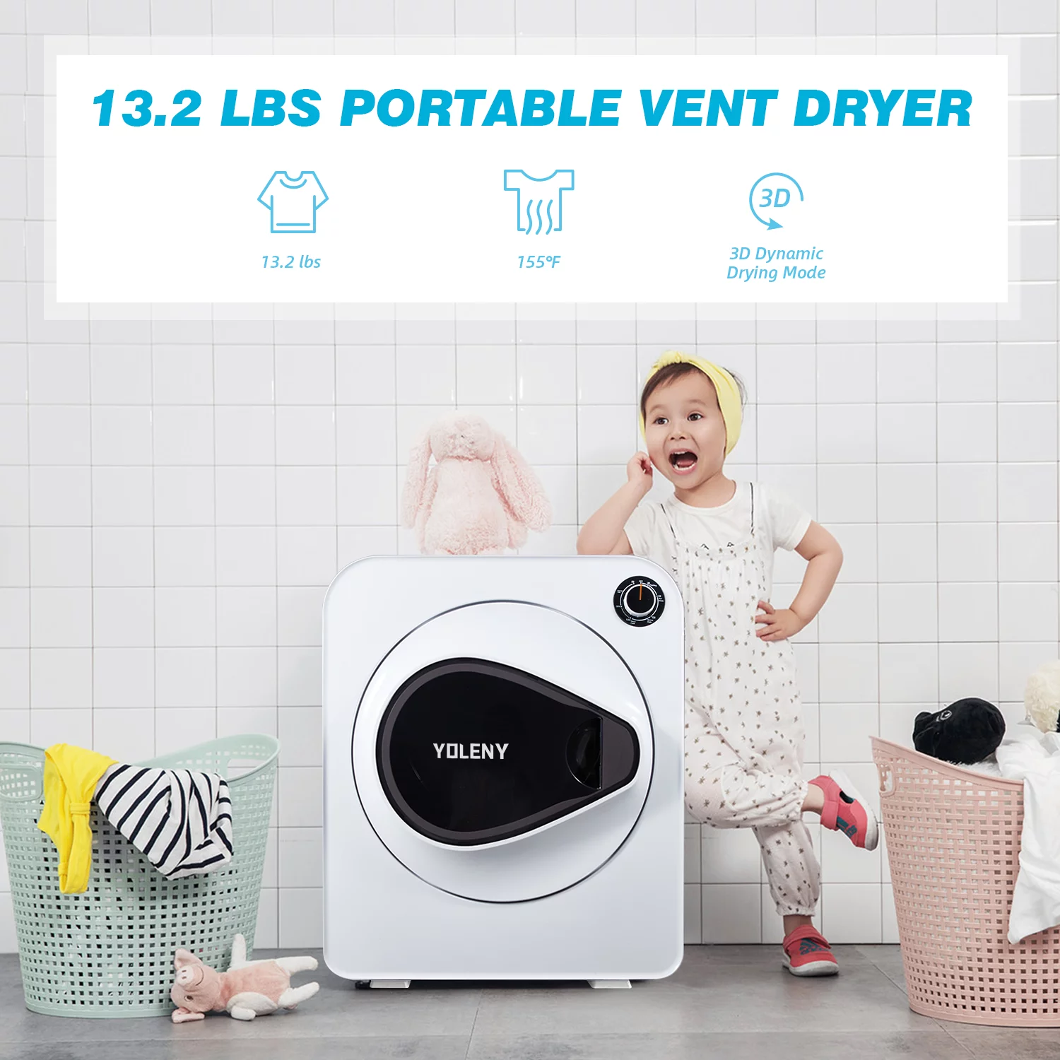 Erinnyees Electric Compact Laundry Dryer, 13.2 lbs Load Stainless Steel Portable Dryer With Exhaust Pipe, Mini Dryer for Apartments, Dorm, White