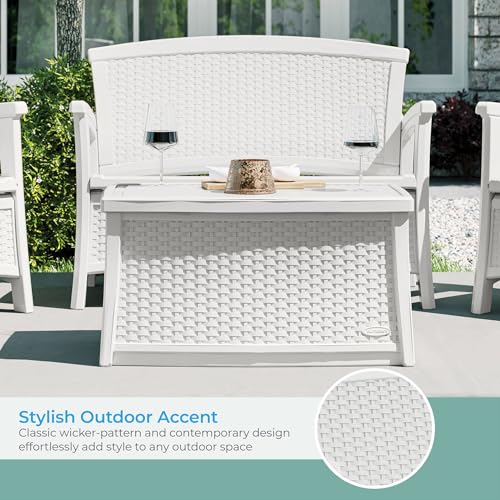 Suncast Elements Stylish Lightweight Loveseat Outdoor Seating with Convenient Built In Universal Storage, and All Weather Plastic, White