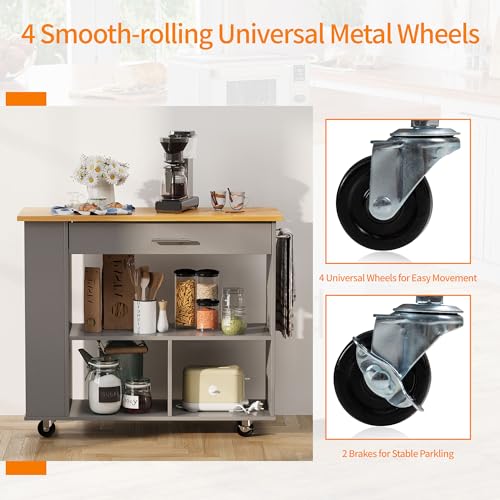 Shintenchi Rolling Kitchen Island Cart with Folding Drop Leaf Breakfast Bar, Portable Trolley Island with Large Storage Cabinet, Shelf and Drawer