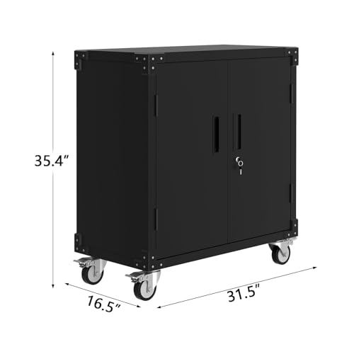 Metal Storage Cabinet, Rolling Tool Cabinet with 2 Adjustable Shelves and Locks & 4 Wheels, Heavy Duty & Rust Resistant Tool Cart