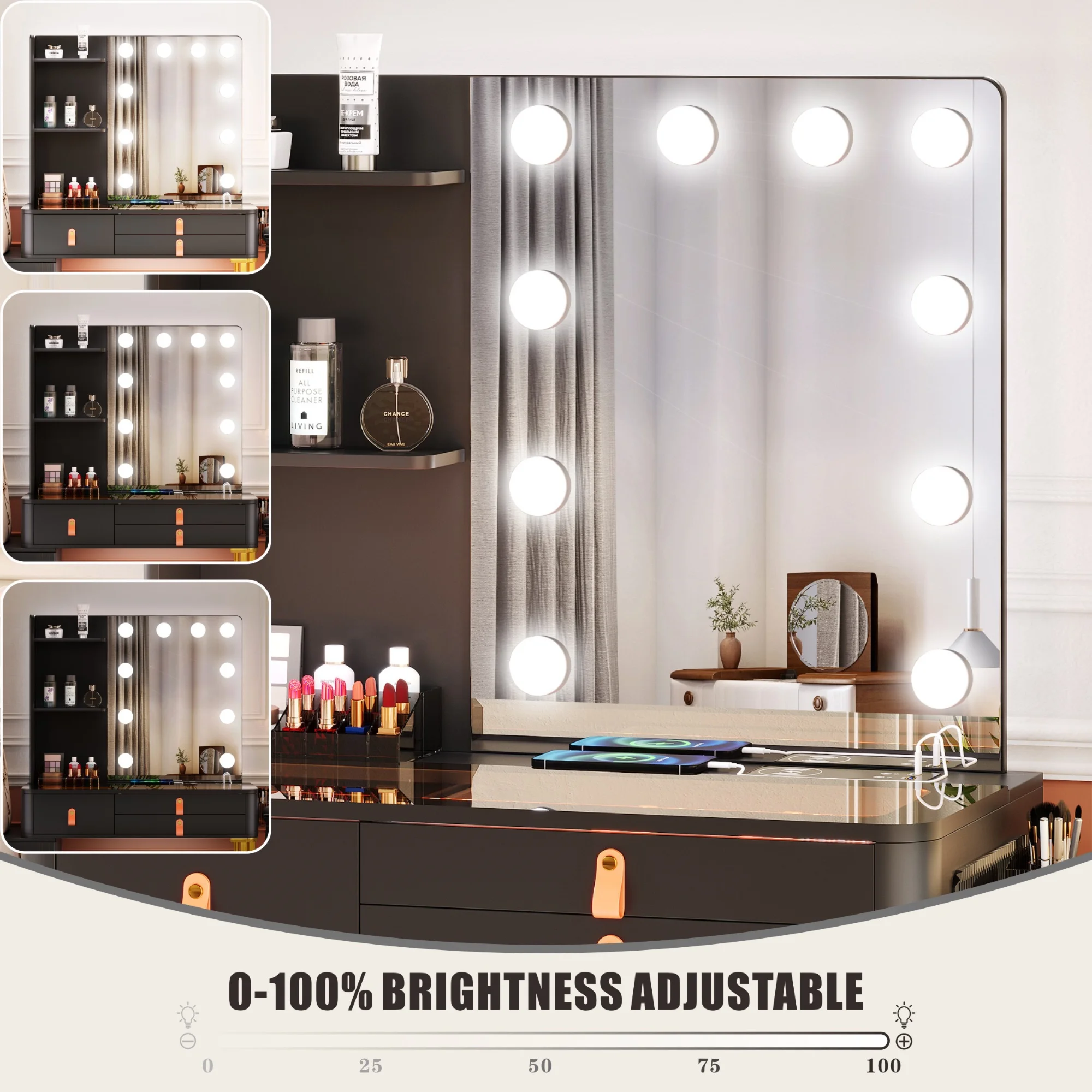 FREDEES Makeup Vanity Desk Set with Hollywood Mirror and Led Lights and Charging Station for Bedroom, Black