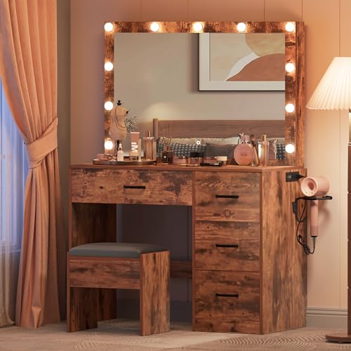 YITAHOME Vanity Desk with Mirror and Lights, Makeup Vanity Set with 11 Bulbs Light, Power Outlet, 4 Drawers and Vanity Stool