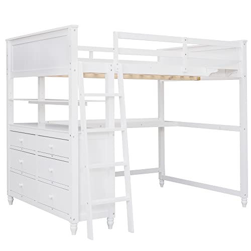 Harper & Bright Designs Full Loft Bed with Desk and Wardrobe,Solid Wood Loft Bed Frame Full with Storage Drawers for Kids Teens Adults