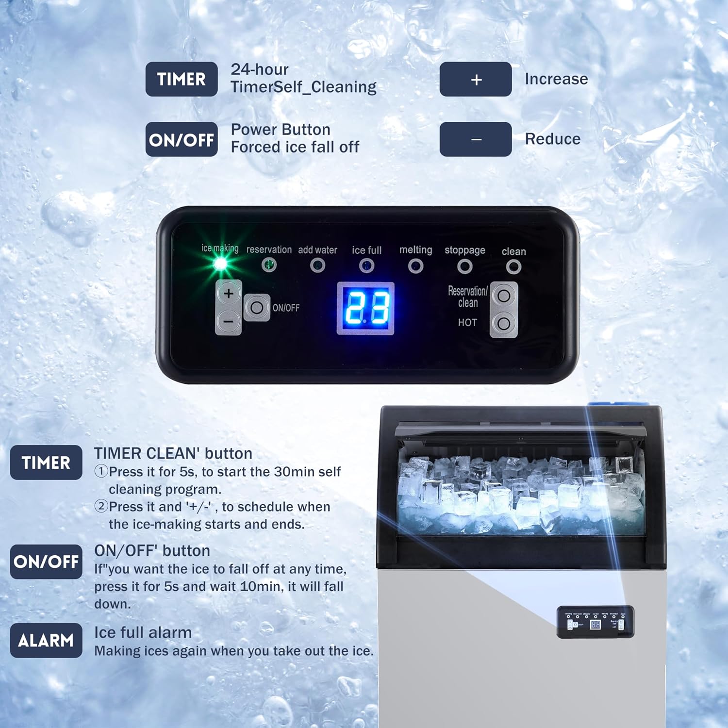 Commercial Ice Maker Machine 100Lbs/24H, Stainless Steel Under Counter Large Ice Machine, 33Lbs Ice Capacity