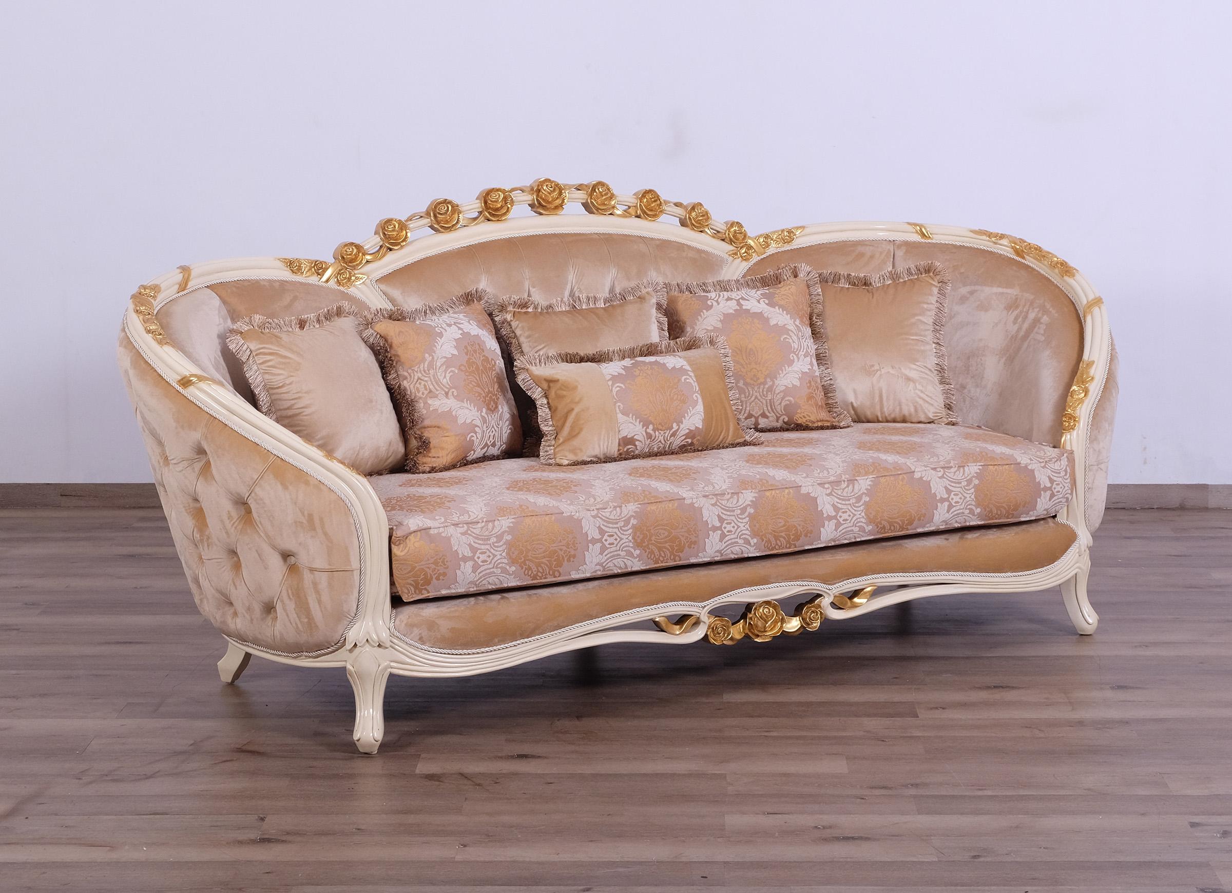 Luxury Beige & Gold Wood Trim VALENTINE Sofa Set 3 EUROPEAN FURNITURE Classic