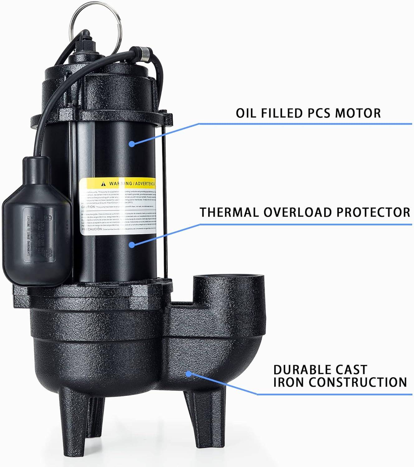 RainBro 1/2 HP Cast iron submersible sewage pump with 10 ft. piggy back tether float switch，Model# CSE050