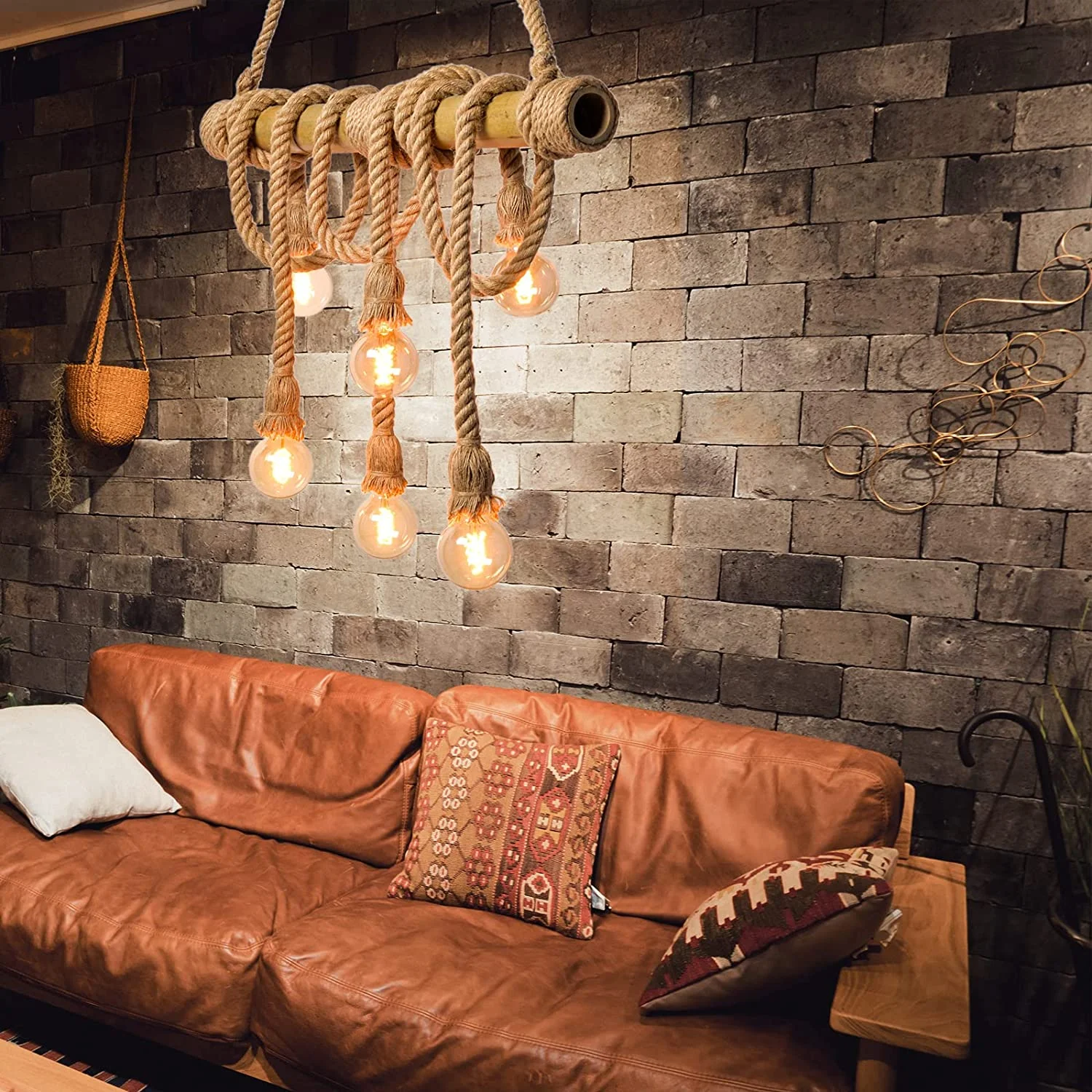 Arturesthome 6 Heads Hemp Rope Pendant Light, Vintage Bamboo Chandeliers Fixture Kitchen Island