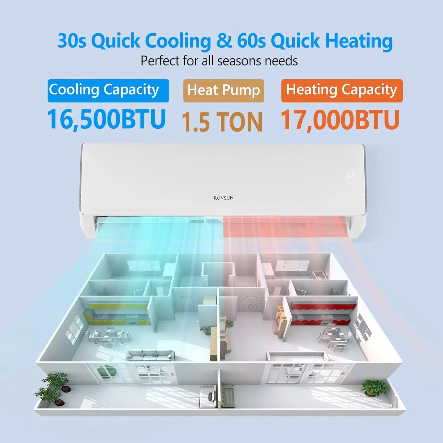 ROVSUN 16500BTU Wifi Enabled Mini Split Air Conditioner & Heater, 17 SEER2 230V Inverter Ductless Wall AC Unit with Pre-Charged Condenser