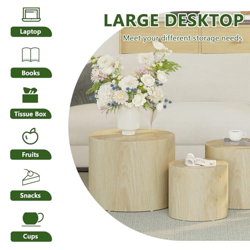 Vikiullf Nesting Coffee Table Set of 3, Round Wooden Coffee Tables, Modern Circle Table for Living Room, Bedroom, Accent Side Table