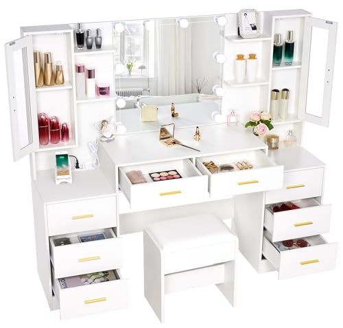 ANWBROAD 59.1" Large Vanity Desk Table with Mirror & Lights White Makeup Vanity with Power Outlet and 8 Drawers 3 Lighting Modes Adjustable Vanity