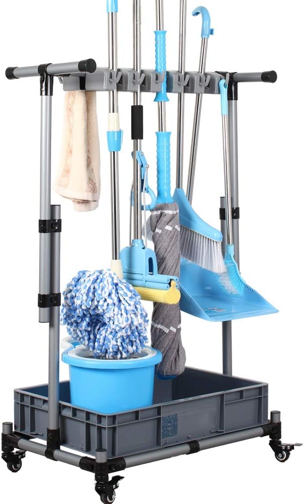 QTJH broom and mop holder put wet mops movable Commercial mop rack cleaning tool cart storage for garden garage organizer mop drain rack