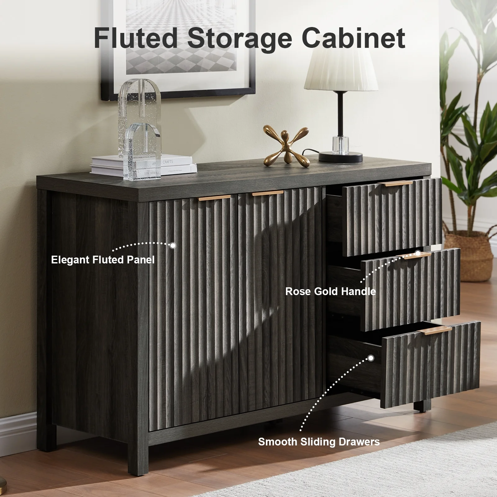 OAKHAM Buffet Sideboard Storage Cabinet with Drawer and Doors, Fluted Sideboard Modern Credenza with Adjustable Shelves