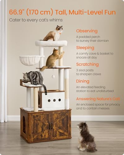 Feandrea Cat Tree, 66.9-Inch Cat Tower with Litter Box Enclosure, Large Cat Condo with Food Station, Storage, Scratching Posts, Cat Cave, Hammock