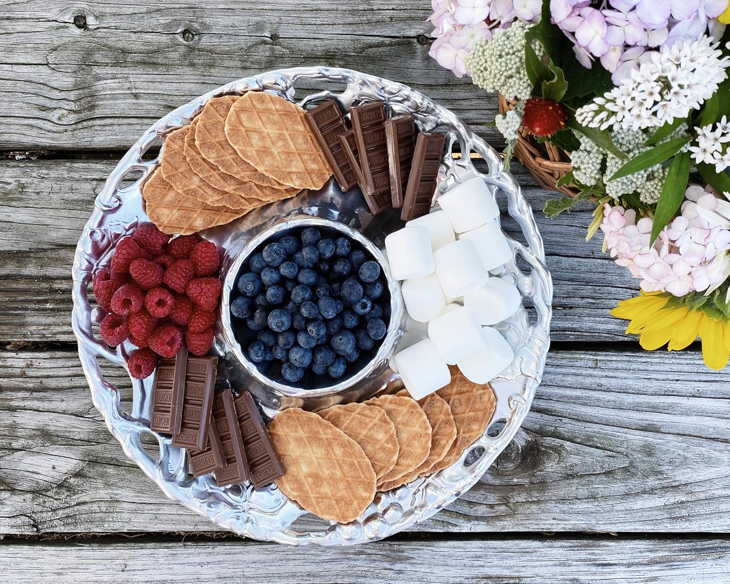 Arthur Court Designs Metal Grape Chip and Dip Platter in Grape Pattern Sand Casted in Aluminum with Artisan Quality Hand Polished Designer